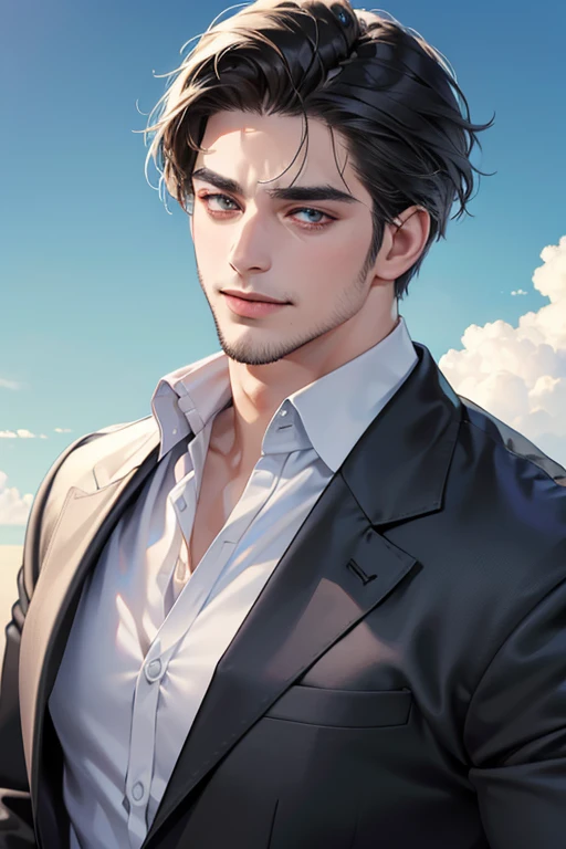 (best quality,4k,8k,highres,masterpiece:1.2),ultra-detailed,(realistic,photorealistic,photo-realistic:1.37),30 year old man,3 day beard,handsome anime,portraits,strong,masculine,dark hair,sharp jawline,mesmerizing eyes,perfectly styled hair,cool anime outfit,confident expression,vibrant colors,dynamic lighting, CEO and expression smile in love.