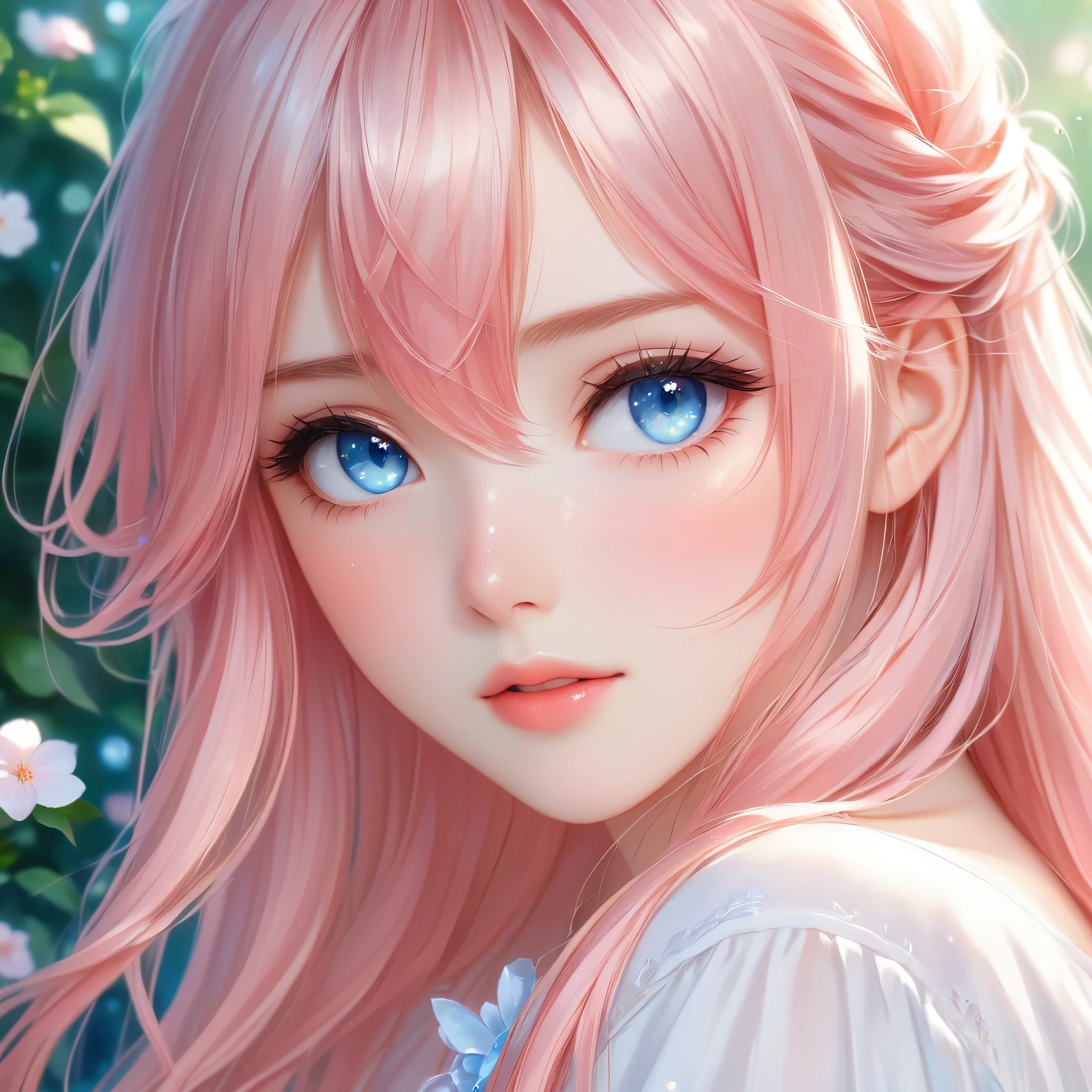 A hyper-realistic close-up portrait of an anime girl with striking blue eyes and long, flowing pink hair. She has a delicate, ethereal beauty with soft, rosy cheeks and subtle freckles. The background is softly blurred, adding to the dreamy and magical atmosphere. The girl's expression is calm and serene, capturing a sense of gentle wonder.
