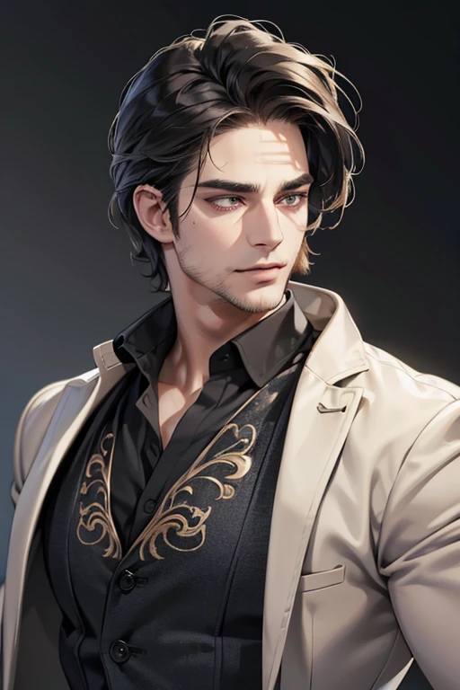 (best quality,4k,8k,highres,masterpiece:1.2),ultra-detailed,(realistic,photorealistic,photo-realistic:1.37),30 year old man,3 day beard,handsome anime,portraits,strong,masculine,dark hair,sharp jawline,mesmerizing eyes,perfectly styled hair,cool anime outfit,confident expression,vibrant colors,dynamic lighting, CEO and expression smile in love.