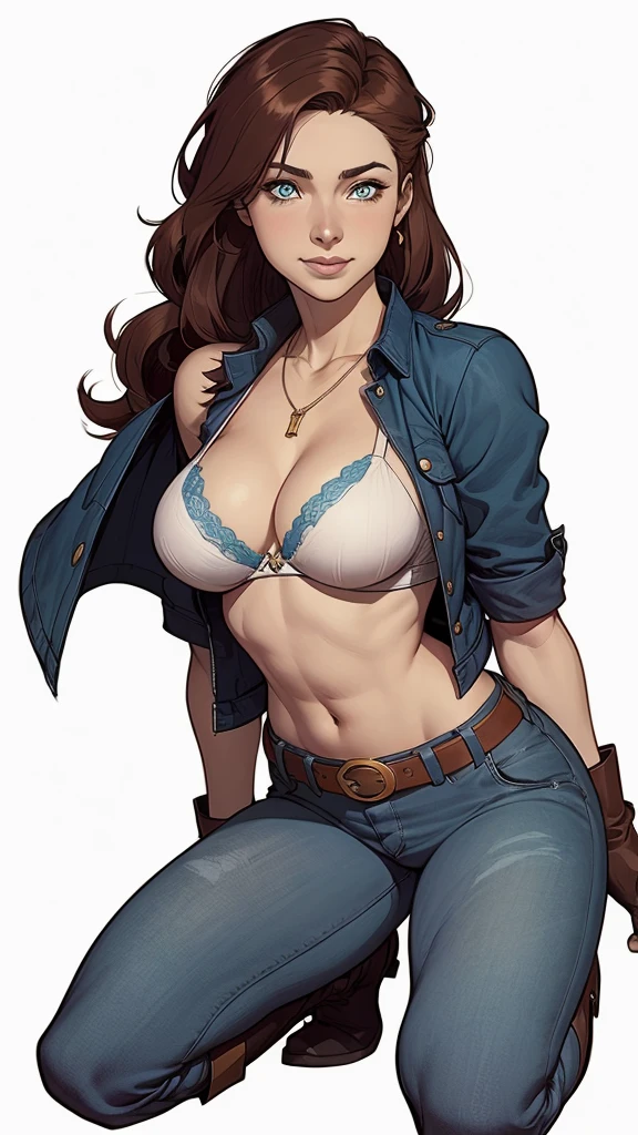 (cartoon style:1.2), Drawings of (Ginevra Molly Weasley), he used to smile, perfect green eyes, face detailed, White background, fun pose, seducing gaze,Full body wearing the Sanserina uniform, beautiful medium breasts and wonderful body cartoon style digital illustration. Wearing pantiesJennifer Connelly , , white bra, green vest, sleeveless, へそ, blue jeans, Brown boots, gloves fingerless, short gloves, slightly-smile, shorth hair, wavy hair, parted bangs, blue colored eyes, wart under the right eye, old american west, sunny desert background, waist belt, best qualityer, Artwork Jennifer Connellyum close-up of a woman with a necklace around her neck, attractive female face!!!, very beautiful face, very attractive and beautiful, Natalie Dormer, Sydney Sweeney, like Corinne, amber ear, holywood actress, Dakota Fanning, with very thin lips, taken at the beginning of 2020, face perfect ), most beautiful woman in the worlda woman in a blue jacket and jeans posing for a photo, artegerm extremamente detalhado, gama murata and artegerm, artegerm style, Krenz Cushart e Artegerm, seductive anime girl, artegerm trend, model iG | artegerm, by Yoshihiko Wada, in the artegerm style, artegerm style