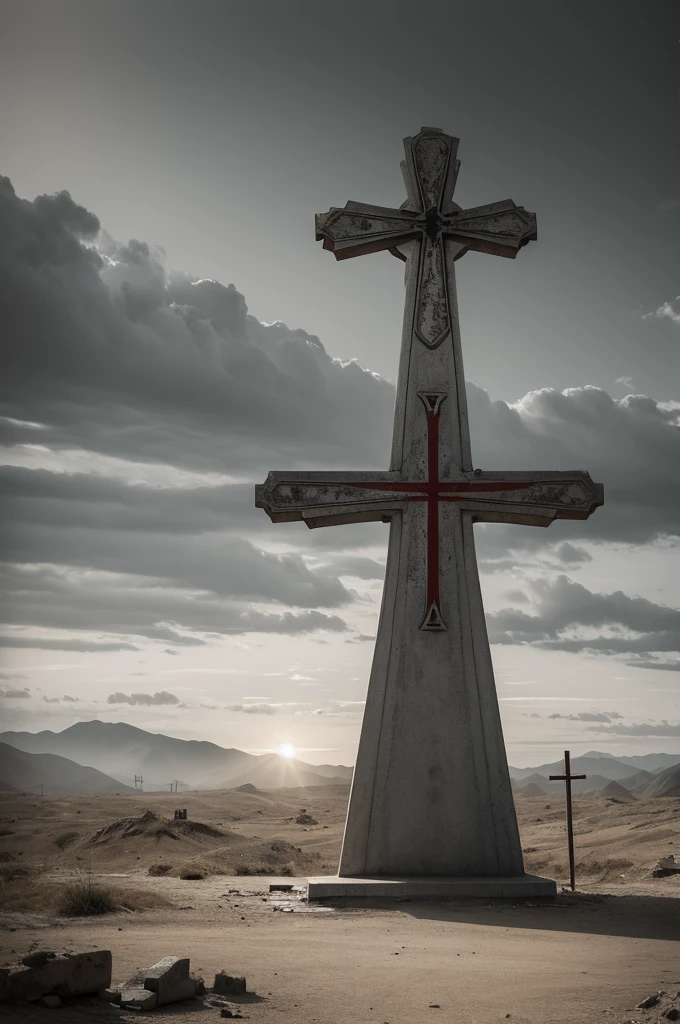 A cross erected in a war scene, designer style