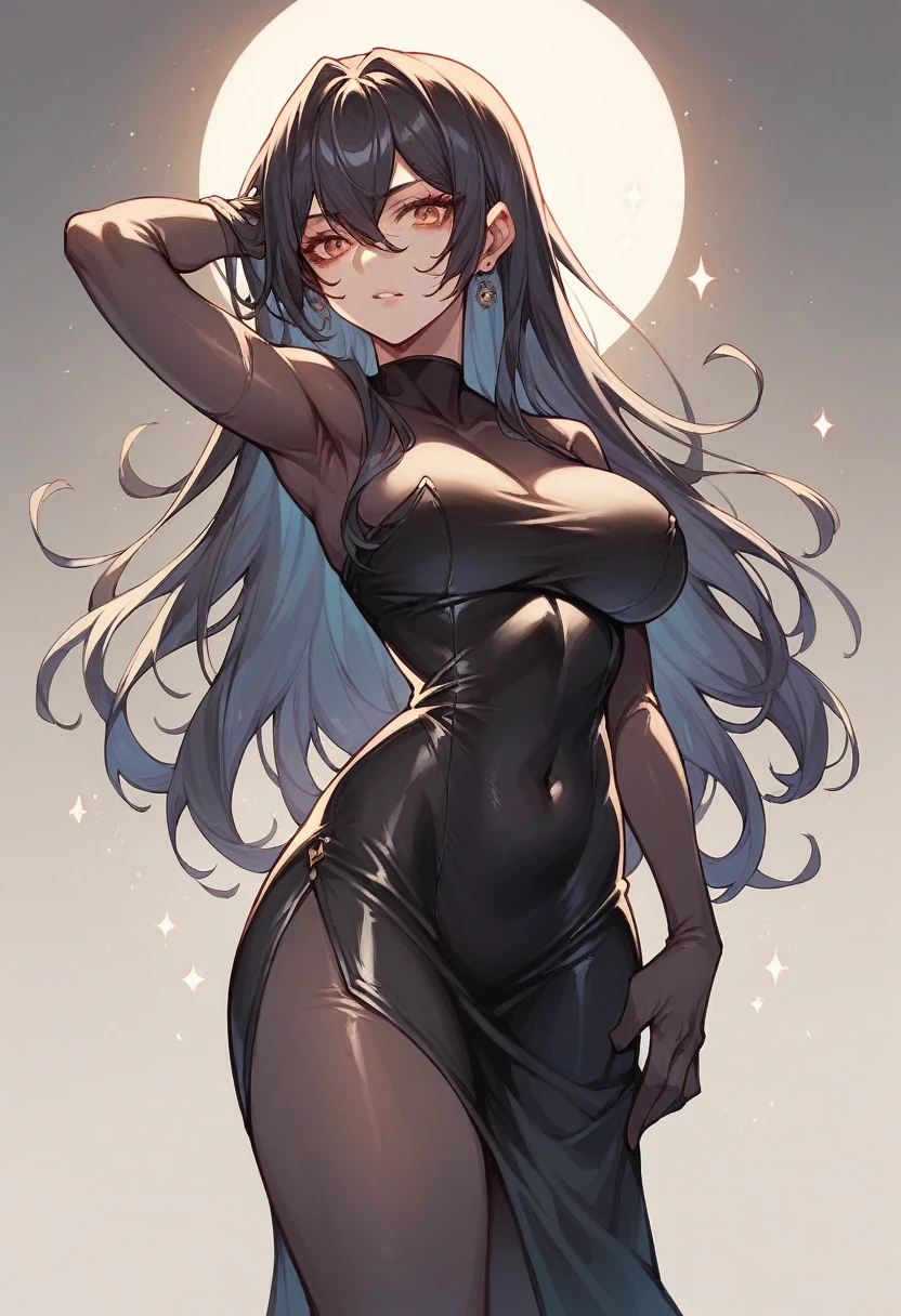 Black woman with dreads and long, skin-tight dress
