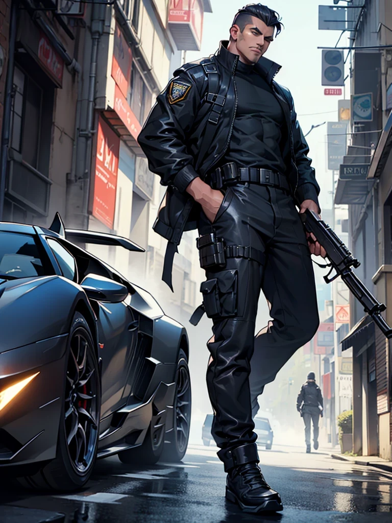 Man dressed as a criminal with an AK47 weapon in his right hand is leaning on a black Lamborghini