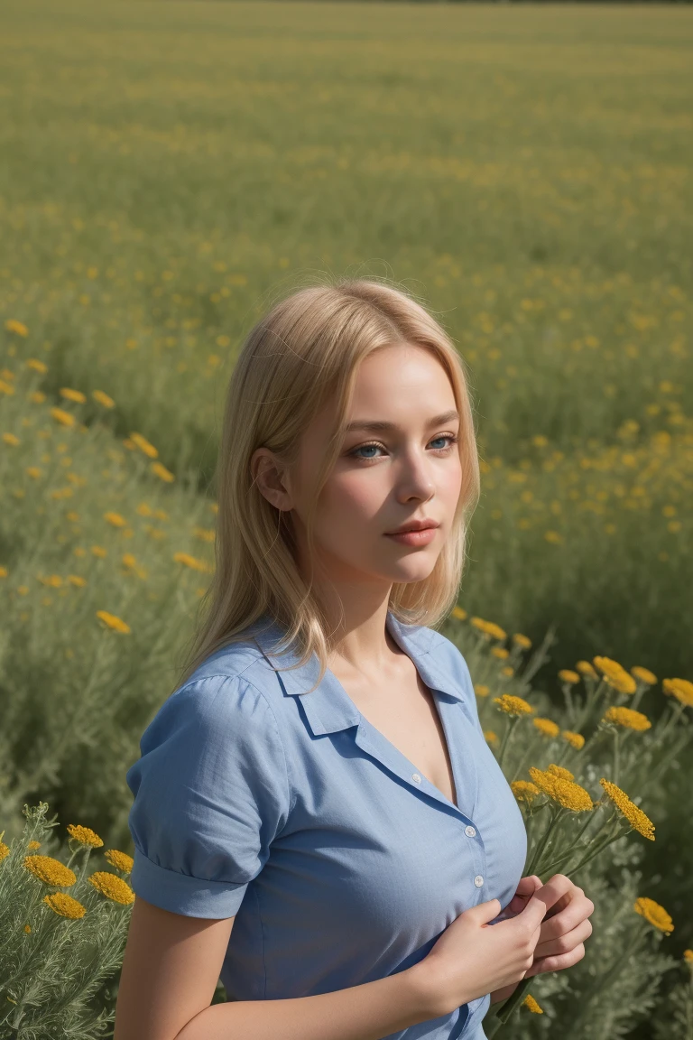 (fille:1.2),seul, (cheveux blonds longs et bouclés:1.1), yeux bleus, Portez une couronne de marguerites sur votre tête., debout dans un champ de marguerites, (Fruit de basket-ball:1.1), jean bleu clair, chemise à manches longues, nombril, Torse exposé, abdomen, diaphragme,brut,photographique,photographique shadows,réel,ridicule,esthétique,élégant