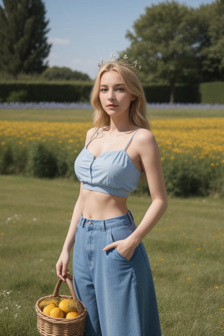 blonde woman with wavy hair, 21 years old, red lips, small mouth closed, blue eyes, realistic photo, Attractive photos, In the garden of a luxury home, (Strapped cotton tube top:1.3), 8K Quality, woman with big breasts, Skin gloss, Neat backgrounds, sunny weather, (very small head:1.4), Light skin tone, smooth skin, bright smile,(Pleated skirt:1.3), Highly detailed face and skin texture, detailed eyes, ((top quality, 8K, masterpiece: 1.3)), thin arms,