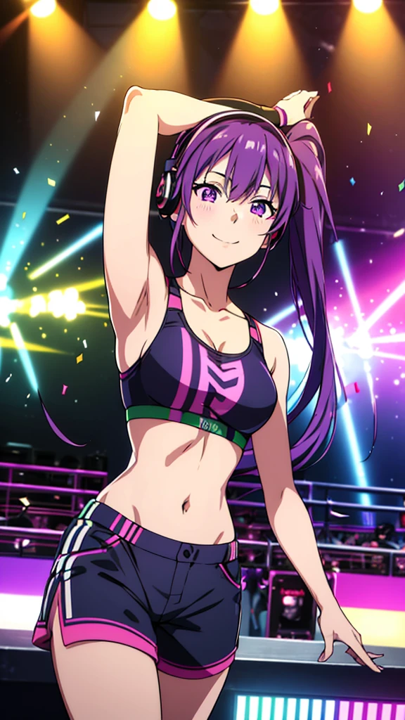 anime girl, , sexpressivepurple eyes,twintails purple hairstyle ,sports bra ,headphones,jacket,confetti,dancing,smiling,(best quality:1.2),(ultra-detailed:1.2),(realistic:1.37),HDR,vivid colors,portraits,shorts,jacketed figure,headphone girl, dancing on stage,colorful lights,stage set,confetti raining,joyful expression,playing vinyl records,turntable setup,anime style, atmosphere,techno music,electronic dance music,festival vibes,hip hop beats,festival outfit,energetic dance moves,expressive eyes,hairstyle with vibrant colors,neon lights,beaming smile,positive vibes,high-energy performance,stylized backgrounds,colorful visuals,excitement in the air, arms behind head