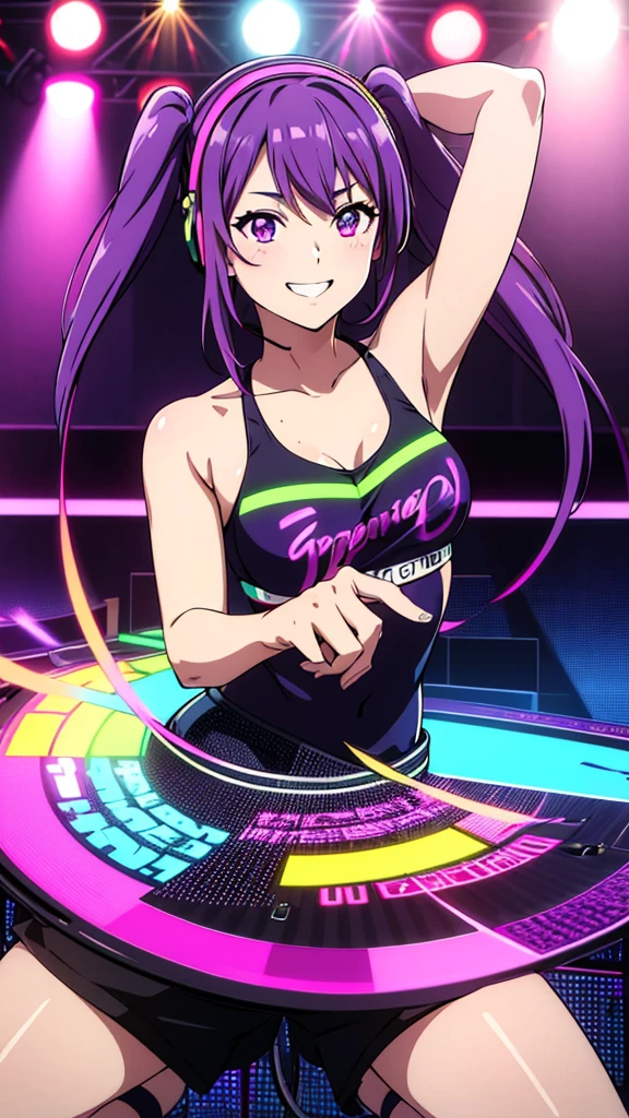 perfect anatomy, anime_style, LumCosplay, yellow bikini, tiger strapless, small horns, best quality, high details,long hair, mole under mouth, purple hair, single braid, hair between eyes, aqua eyes, sharp teeth, ahoge, 1girl, blush, smile, cowboy shot, anime_style
