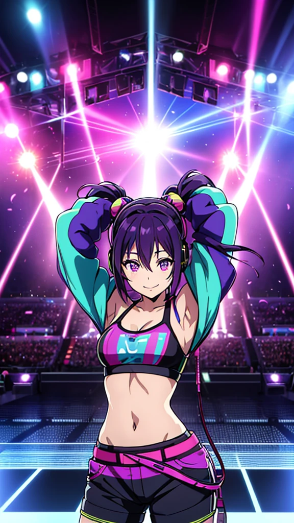 anime girl, , sexpressivepurple eyes,twintails purple hairstyle ,sports bra ,headphones,jacket,confetti,dancing,smiling,(best quality:1.2),(ultra-detailed:1.2),(realistic:1.37),HDR,vivid colors,portraits,shorts,jacketed figure,headphone girl, dancing on stage,colorful lights,stage set,confetti raining,joyful expression,playing vinyl records,turntable setup,anime style, atmosphere,techno music,electronic dance music,festival vibes,hip hop beats,festival outfit,energetic dance moves,expressive eyes,hairstyle with vibrant colors,neon lights,beaming smile,positive vibes,high-energy performance,stylized backgrounds,colorful visuals,excitement in the air, arms behind head