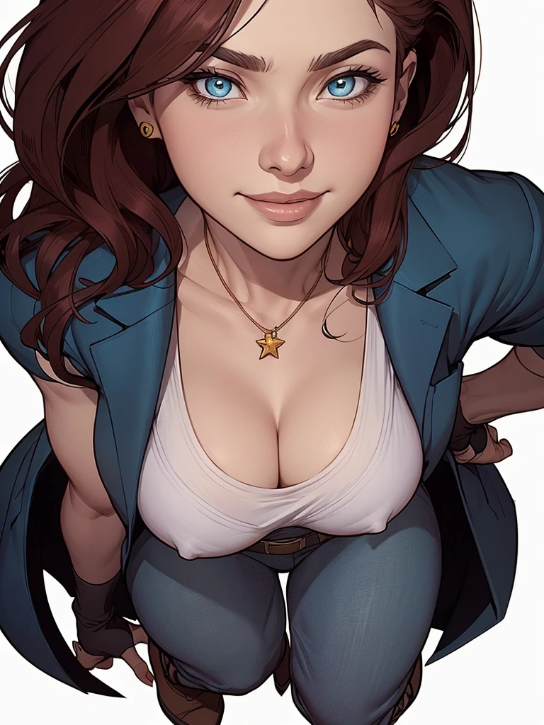 (cartoon style:1.2), Drawings of (Ginevra Molly Weasley), he used to smile, perfect green eyes, face detailed, White background, fun pose, seducing gaze,Full body wearing the Sanserina uniform, beautiful medium breasts and wonderful body cartoon style digital illustration. Wearing pantiesJennifer Connelly , , white bra, green vest, sleeveless, へそ, blue jeans, Brown boots, gloves fingerless, short gloves, slightly-smile, shorth hair, wavy hair, parted bangs, blue colored eyes, wart under the right eye, old american west, sunny desert background, waist belt, best quality, Artwork Jennifer Connellyum close-up of a woman with a necklace around her neck, attractive female face!!!, very beautiful face, very attractive and beautiful, Natalie Dormer, Sydney Sweeney, come corinne, amber ear, holywood actress, Dakota Fanning, with very thin lips, taken at the beginning of 2020, face perfect ), most beautiful woman in the worlda woman in a blue jacket and jeans posing for a photo, extremely detailed artegerm, range murata and artegerm, style artegerm, krenz cushart and artegerm, seductive anime girl, trending artegerm, model iG | artegerm, by Yoshihiko Wada, in the style artegerm, artegerm style