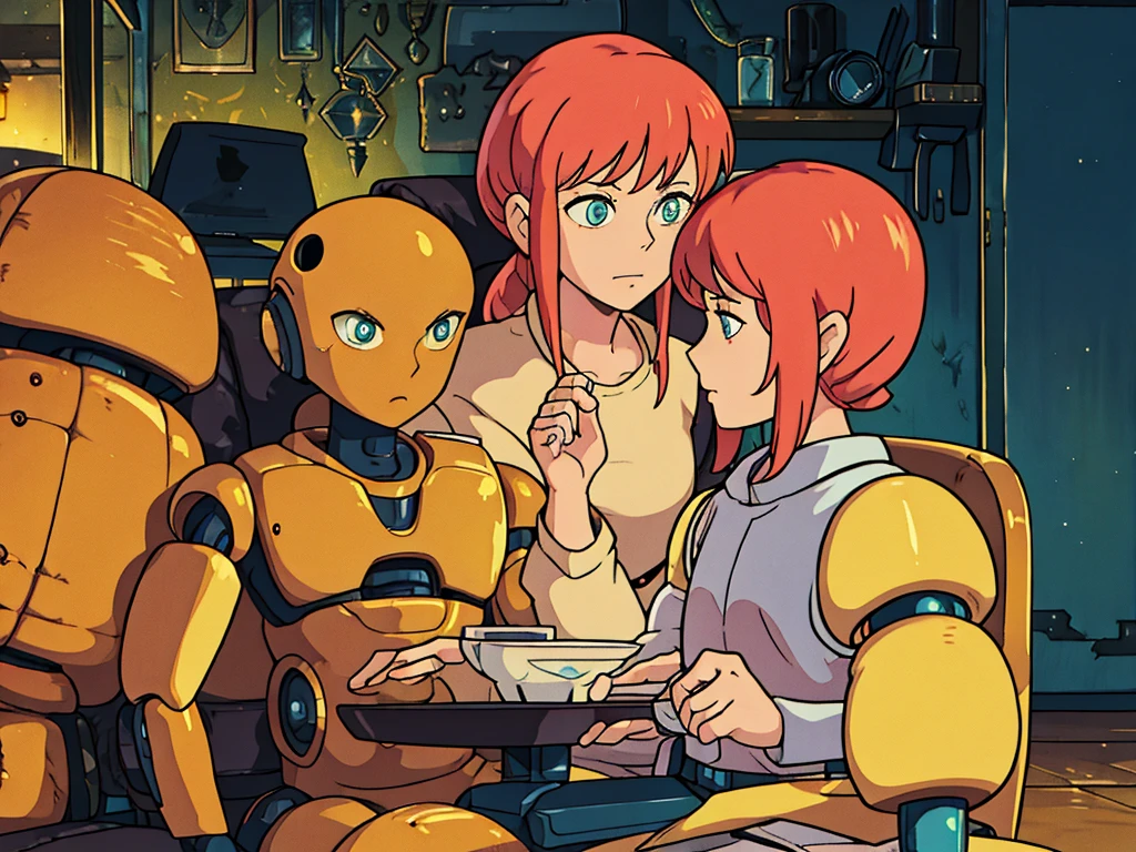 an anime character in pajamas, sitting on a cozy chair on the left, conversing with a robot, both holding drinks, in a dimly lit room with a gaming setup in the background, detailed facial features, beautiful eyes, elegant pose, soft lighting, cinematic composition, highly detailed, 8k, photorealistic, warm color tones, moody atmosphere, hyper realistic, intricate details, stunning visual effects