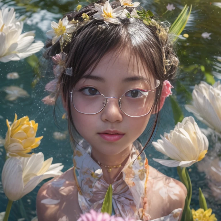Realistic 3D rendered scenes,The main body is a little girl wearing blue Chinese clothes,sitting at a pond,(Lotus leaf),lotus flower,Reflection in the water,steins,mesa,by Pixar,IP,blindbox,claymaterial,pastel colour,Studio light,up front view,rendering by octane,Blander,hyper qualit,hyper HD,8K,Lively brushstrokes,(style expressive),(rainwater),grin face,adolable,