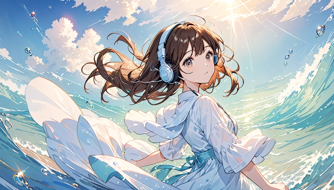 Girl wearing headphones,Brown Hair,One girl,In the sparkling sea