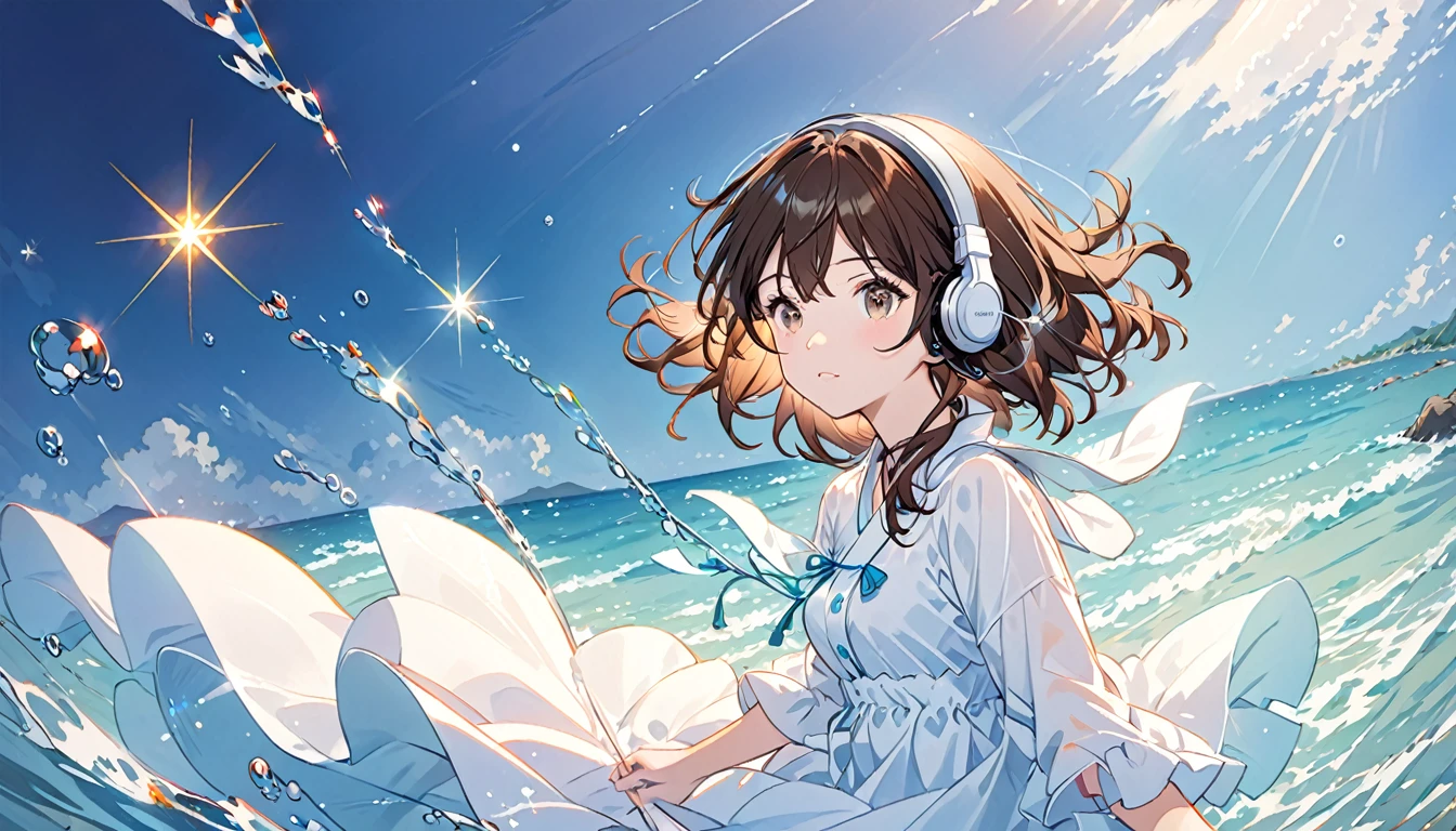 Girl wearing headphones,Brown Hair,One girl,In the sparkling sea