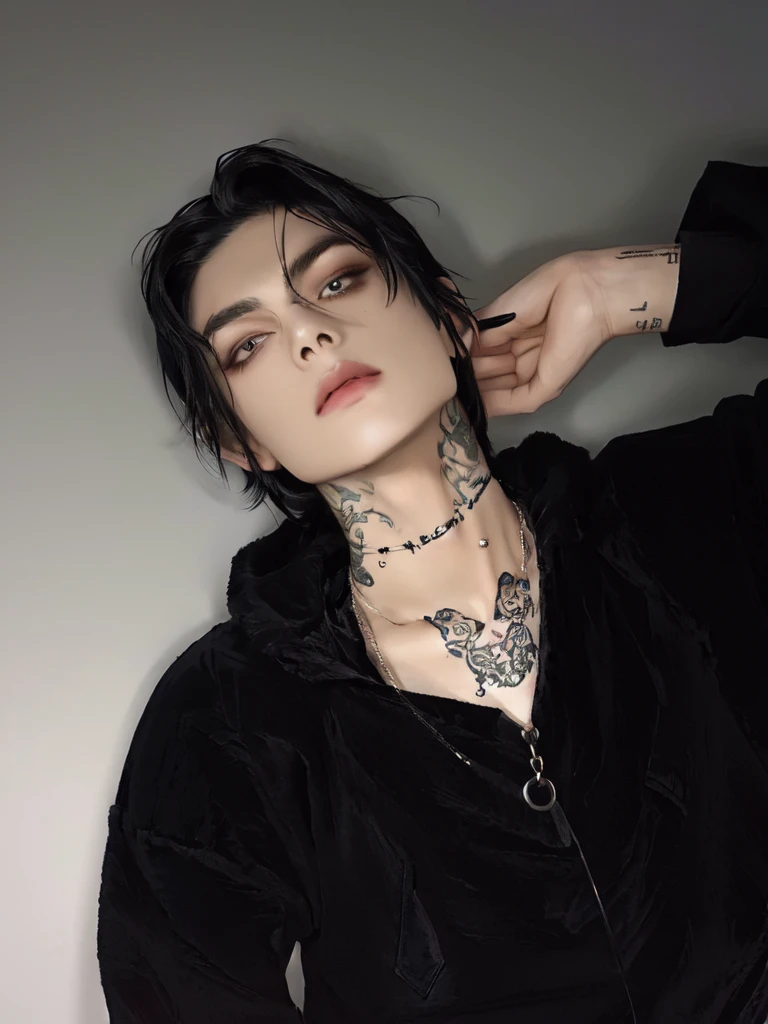 arafed man with a tattoo on his neck and neck, wearing black choker, beautiful androgynous girl, androgynous person, wearing choker, portrait androgynous girl, lil peep, androgynous, wearing intricate black choker, androgynous male, cai xukun, style of seb mckinnon, cute emo guy, choker on neck, androgynous face