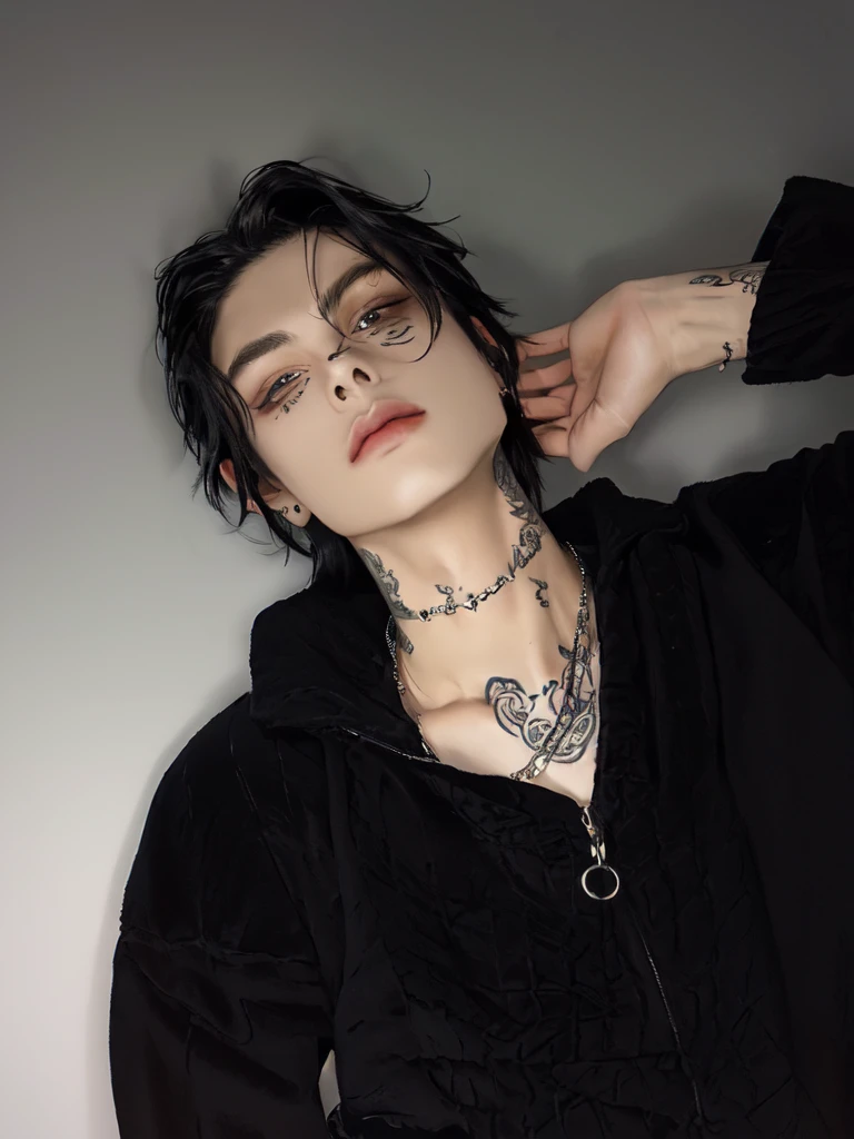 arafed man with a tattoo on his neck and neck, wearing black choker, beautiful androgynous girl, androgynous person, wearing choker, portrait androgynous girl, lil peep, androgynous, wearing intricate black choker, androgynous male, cai xukun, style of seb mckinnon, cute emo guy, choker on neck, androgynous face