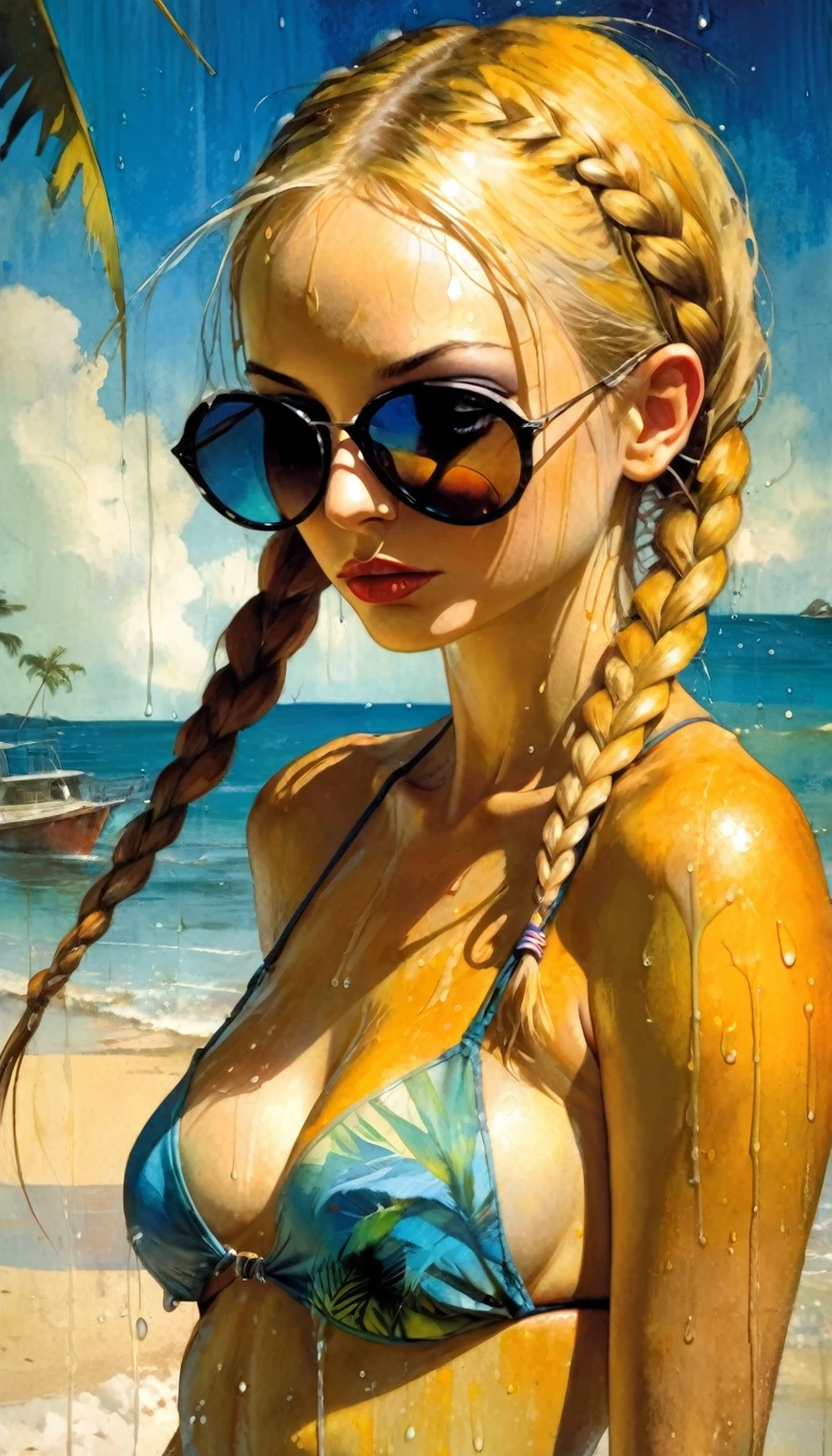 sexy girl with long hair in two braids, blonde hair, sunglasses, sun, wet body, sweaty, bikini, small breasts, tight bikini, on the beach, tropical beach, (art inspired in Bill Sienkiewicz). oil painting) (best quality,4k,8k,highres,masterpiece:1.2),ultra-detailed,(realistic,photorealistic,photo-realistic:1.37),intricate details,vivid colors,sharp focus,professional,Dave McKean artwork, oil touch of surrealism,oil painting style