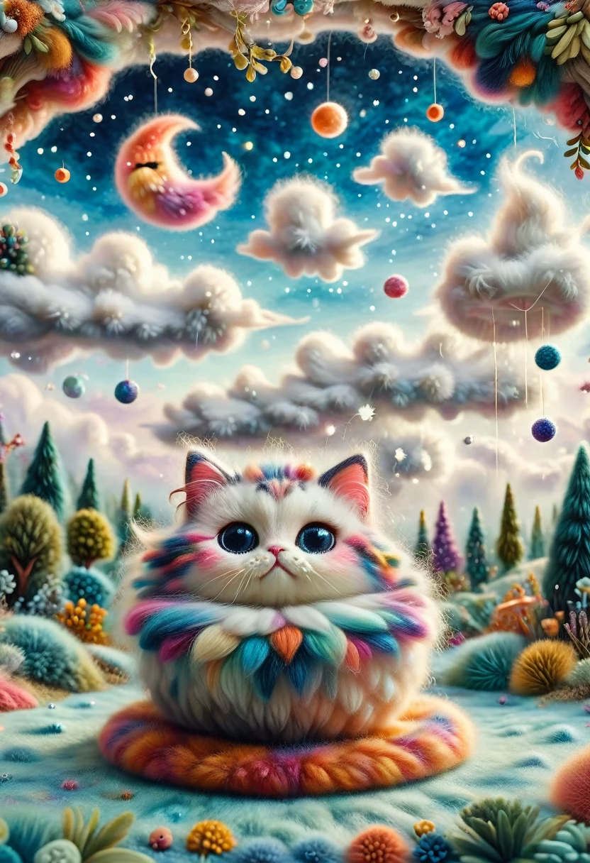 Artwork made of felt stitched onto felt canvas, Needle felt art: 1.5, Wool felt art: 1.5, Kitten masterpiece, fairyland, floating kitten, fluffy clouds, furry cat, innocent and playful furry cat, dreamy space, intricate details, high detail, high quality, master piece,