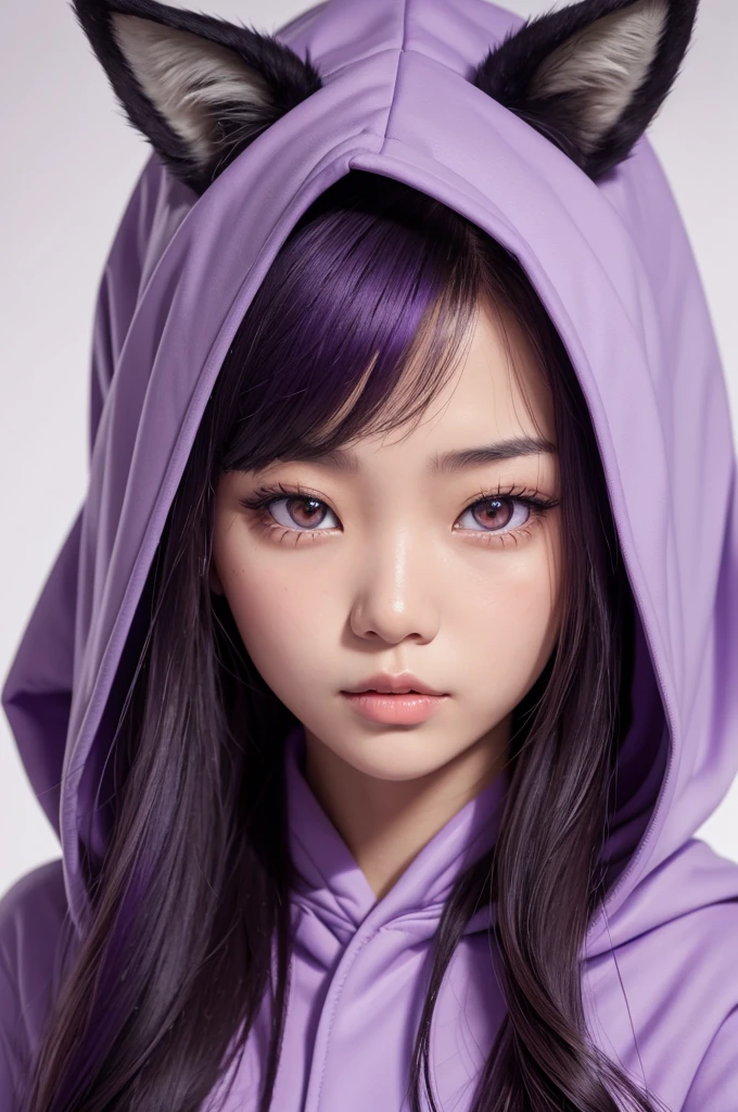 close up, Asian girl with foxy eyes, straight long hair, purple outfit with hood