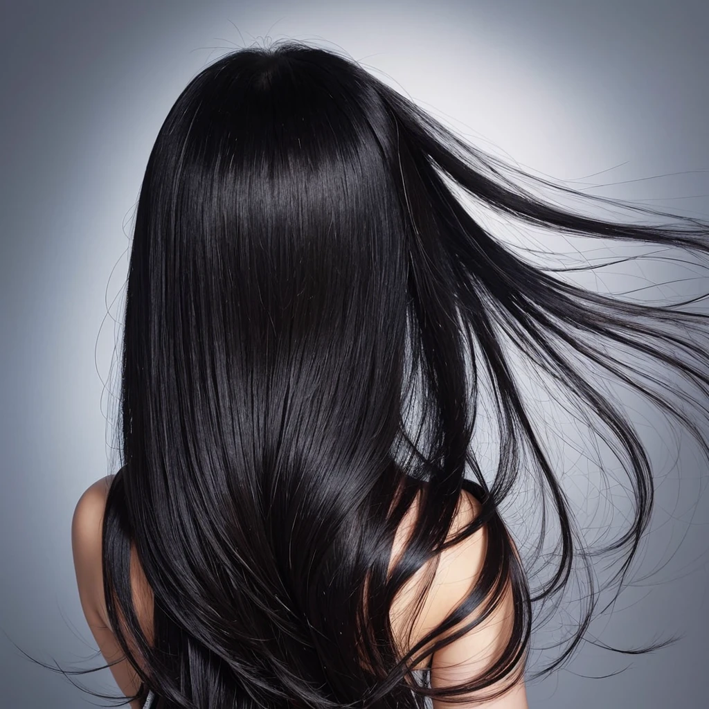 High quality, real photo, Japanese, black hair, shiny, beauty salon commercial, constant light intensity, only hair swaying, hair swaying in the wind, back view, silver background, hair length the same, only hair