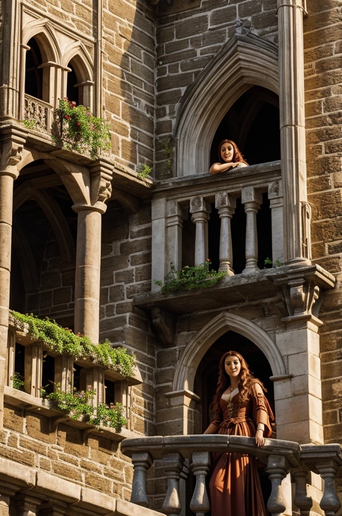 A chestnut woman on the balcony of a castle looking with a dragon