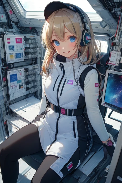 masterpiece, highest quality, high resolution, breasts, 20yo,1 girl,(solo):2,,blonde hair,(inside space station):2,flying:2,floatong:2,zero gravity,wind:1.5,anime lovelive style,
BREAK
headphone,(futurstic tight-fit bodysuit):2,(shiny silver long downvest):100,(northface silver metallic puffy downvest):2,(puffy):2,(black sleeves):5,(black tights):2,(black belt),futuristic boots and gloves,(smartwatch):100,astrovest
BREAK
1 girls, sitting in spacecraft cabin with 4-point seat belt, securely fastened, space station interior, looking out of large windows at Earth below, beautiful eyes, she have aluminum foil pouch,(aluminum foil pouch with plastic viewing window):2, contains nutritious liquid or puree together, smiling and chatting, bright and cheerful expressions, high quality cinematic lighting, detailed textures, sharp focus,blue hair,blue eyes,