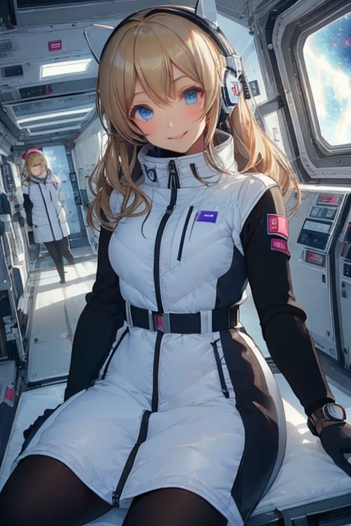 masterpiece, highest quality, high resolution, breasts, 20yo,1 girl,(solo):2,,blonde hair,(inside space station):2,flying:2,floatong:2,zero gravity,wind:1.5,anime lovelive style,
BREAK
headphone,(futurstic tight-fit bodysuit):2,(shiny silver long downvest):100,(northface silver metallic puffy downvest):2,(puffy):2,(black sleeves):5,(black tights):2,(black belt),futuristic boots and gloves,(smartwatch):100,astrovest
BREAK
1 girls, sitting in spacecraft cabin with 4-point seat belt, securely fastened, space station interior, looking out of large windows at Earth below, beautiful eyes, she have aluminum foil pouch,(aluminum foil pouch with plastic viewing window):2, contains nutritious liquid or puree together, smiling and chatting, bright and cheerful expressions, high quality cinematic lighting, detailed textures, sharp focus,blue hair,blue eyes,