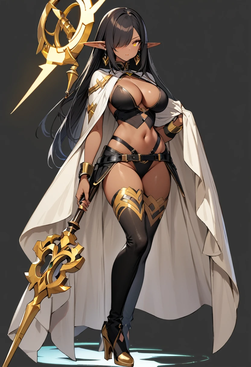 (masterpiece:1.2), (highest quality:1.2), 1girl, solo, pointy-ears, dark-skin, breasts, dark-skinned-female, staff, transparent-background, dark-elf, large-breasts, black-hair, cape, elf, earrings, full-body, jewelry, tattoo, thighhighs, hair-over-one-eye, very-long-hair, navel, yellow-eyes, high-heels, boots, underwear, cleavage, looking-at-viewer, holding, panties, revealing-clothes, standing
