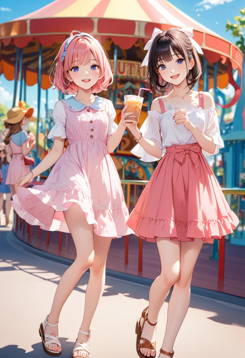Highest quality、High resolution、Detailed Background、Beautiful face in every detail、Teenage beauty、Perfect body line、cute色の髪の色、Braided bob cut、Braided Ponytail、A fun atmosphere、smile、Amusement park date、
(Two beautiful girls having fun with friends at an amusement park:1.5)、
Cool dresses and shirt dresses、Shorts、Sandals are recommended、
夏らしい華やかなピアスやネックレスをプラスするのがcuteです、cute