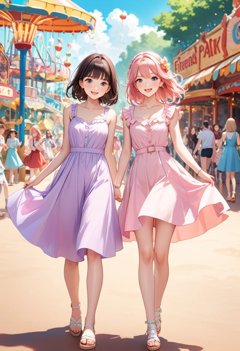 Highest quality、High resolution、Detailed Background、Beautiful face in every detail、Teenage beauty、Perfect body line、cute色の髪の色、Braided bob cut、Braided Ponytail、A fun atmosphere、smile、Amusement park date、
(Two beautiful girls having fun with friends at an amusement park:1.5)、
Cool dresses and shirt dresses、Shorts、Sandals are recommended、
夏らしい華やかなピアスやネックレスをプラスするのがcuteです、cute