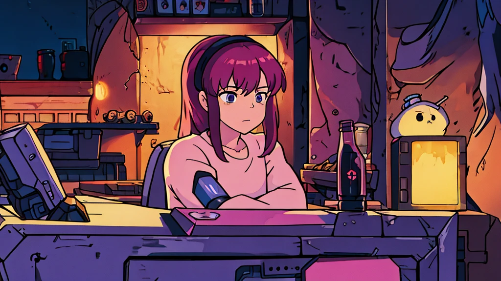 An anime character in nightwear, sitting on the left in a comfortable chair, Talking to a robot, are holding drinks, in a dark room with a gamer setup in the background.