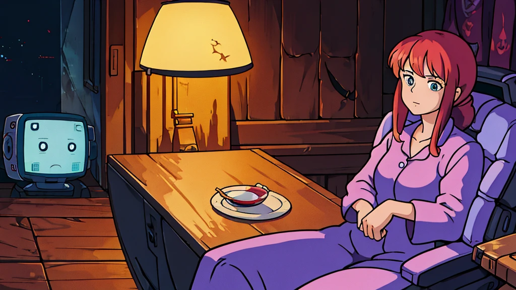 An anime character in nightwear, sitting on the left in a comfortable chair, Talking to a robot, are holding drinks, in a dark room with a gamer setup in the background.