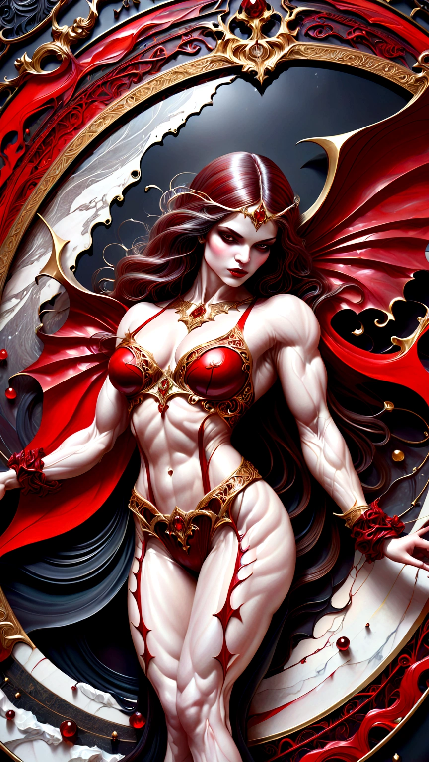 a beautiful illustration of a very muscular vampire girl in an abstract marble texture with a tarot style frame, with colors of obsidian black, shiny gold, and ruby red, highly detailed, intricate design, BY Anne Bachelier,