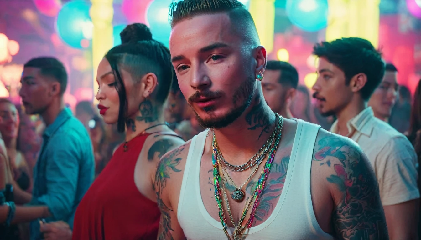 (1man), singer j balvin an eye contact, red hair, (buzz cut hair,) beard wearing a necklace, (detailed body tattoo: 1.4), (detailed music club: 1.4), ((cinematic light)), (detailed faces: 1.4), highres, RAW photo 8k uhd, dslr, (bloom:1.1), (club with people dancing and enjoying the parties,) upbeat music playing in the background, vibrant and energetic atmosphere, vivid colors, (happy face), (smoother lighting:1.05), (increase cinematic lighting quality:0.9), (dance: 1.3)