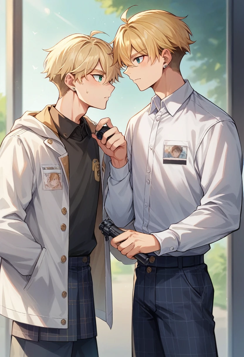score_9, score_8_wonderful, score_7_wonderful, sauce_Anime BREAK 1 Boy, Two men, Male Focus, Part 1: Leanne, blonde, , Red Blazer, Black trousers, Outdoor,Red tie,Get on all fours and place your hands on the floor,Wear a lead collar,Licking the penis,Gay