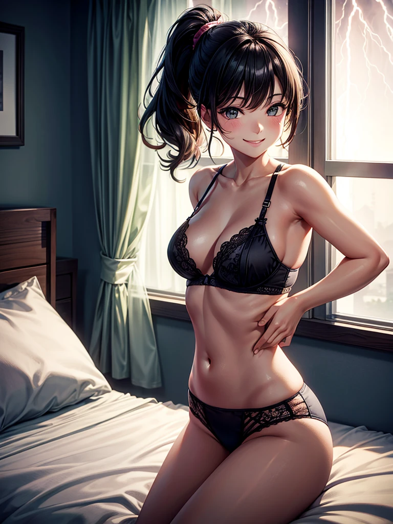 Highest quality,Highest Resolution,4K quality,Smiling woman in underwear watching a thunderstorm in a bedroom with large windows,Black hair ponytail,Dark room,