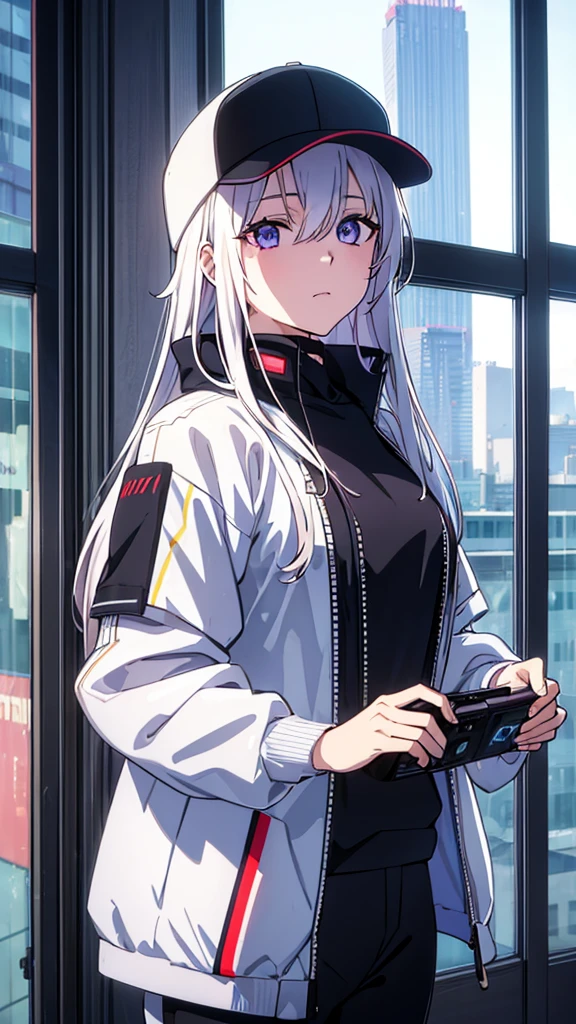 masterpiece, best quality, 4k, UHD, mishoujo, beautiful eyes and detailed face, illustration, beautiful detailed, high resolution illustration, glowing_white_particles, 1girl, white hair, light purple eye, hair over one eye, short side tail, baseball cap, expressionless, window shade, black jacket, chest rig, cyberpunk, techwear, (Impressionism:1.4), mid body portrait, cyberpunk city background, back against the wall, looking over the other side