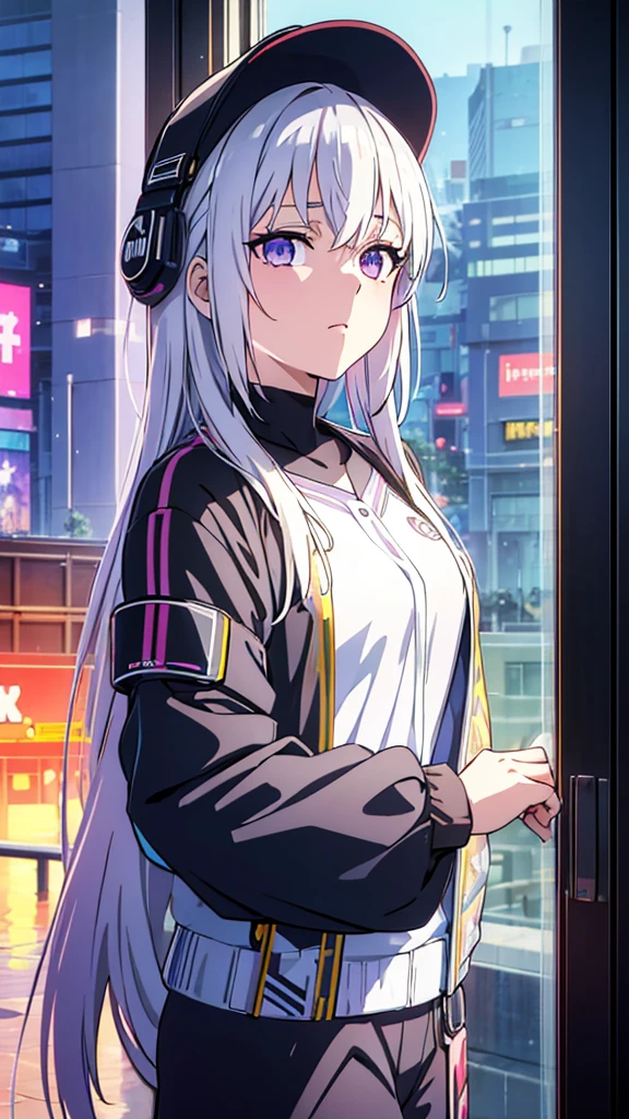 masterpiece, best quality, 4k, UHD, mishoujo, beautiful eyes and detailed face, illustration, beautiful detailed, high resolution illustration, glowing_white_particles, 1girl, white hair, light purple eye, hair over one eye, short side tail, baseball cap, expressionless, window shade, black jacket, chest rig, cyberpunk, techwear, (Impressionism:1.4), mid body portrait, cyberpunk city background, back against the wall, looking over the other side