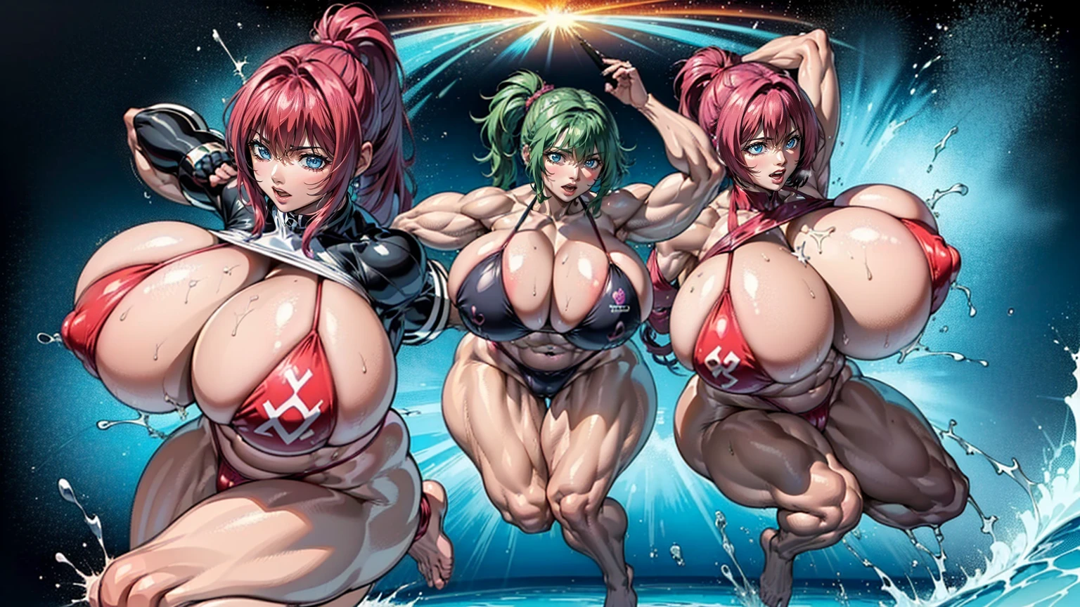 (Private 4K)、(High resolution:1.2)、(High freshness:1.2)、、(Whole Body Ezbian:1.2)、(Two Women:1.6)、((Women with exaggerated large physiques))、(Huge breasts with full force and intense movements:1.2)、abnormally developed muscles,,Barefoot woman, , Big arms、(Huge muscles:1.4)、(Dynamic pose:1.2)、(Woman running with all her might:1.6)、(Tight bikini swimsuit:1.2)