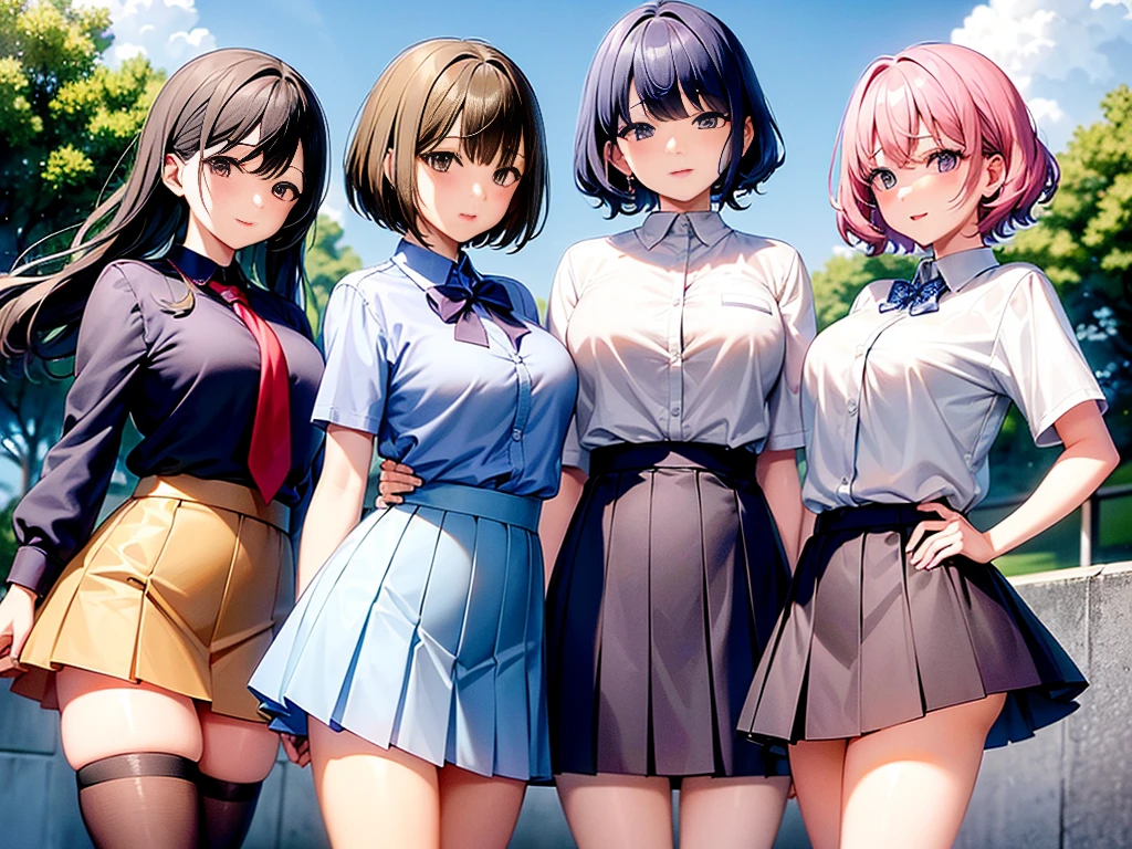 Anime Moe Art Style,Highest quality,High resolution,Anatomically correct,Multiple Girls,Mid-s,Mr.々Hair style,Super detailed,Big Breasts,Shiny skin,Beautiful Skin,A rich expression,Laughing with your mouth open,Seduce,high school girl,Undress,Show off your chest,Nipples are visible,Lift up your skirt yourself,I can see the shorts,School Festival Beauty Contest,blazer,Pleated skirt,mini skirt,Eyes drawn in detail,8K