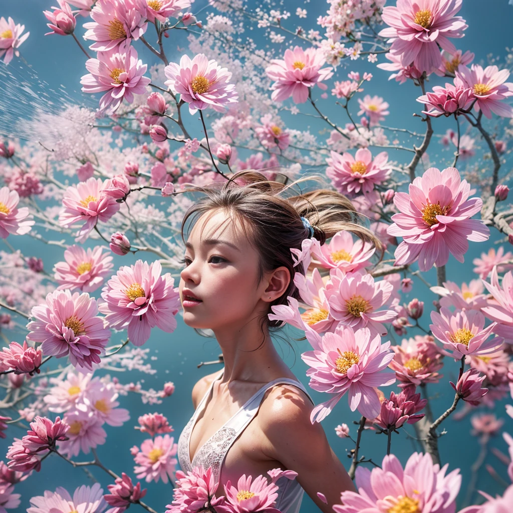 ExtremelyDetailed(ProfessionalPhoto of Girl Floating in the Sky:1.37), 280th floor infinity pool,The tallest building in the urban forest, {Around bonsai|Luo Han Song|coconut palms|tulips|Rose flower}, (Masterpiece 8K TopQuality:1.2), ExtremelyDetailed KAWAII face Eyes BREAK Detailed impeccable Radiant PearlSkin with Transparency, Skinny(SchoolSwimwear:1.28) beautiful graceful {HiddenHand|Corrected BabyLikeHand} (Whole Body Proportions and all limbs are Anatomically Accurate), Full of Flowers