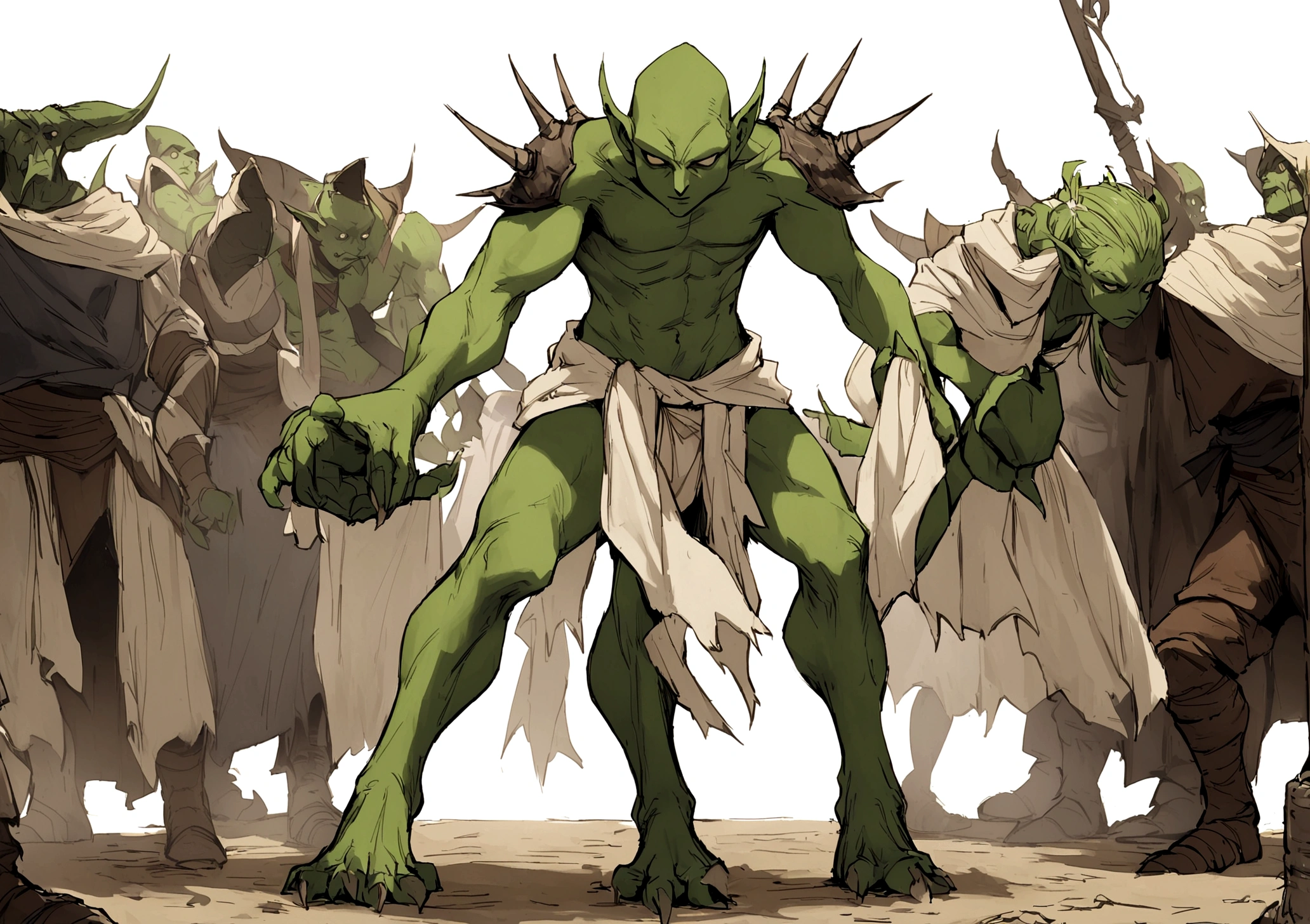 fantasy medieval goblins scary small green no armour no cloths looks savage and barbaric wearing cloth around his waist scary looking full body turn around skinny no muscles, white background