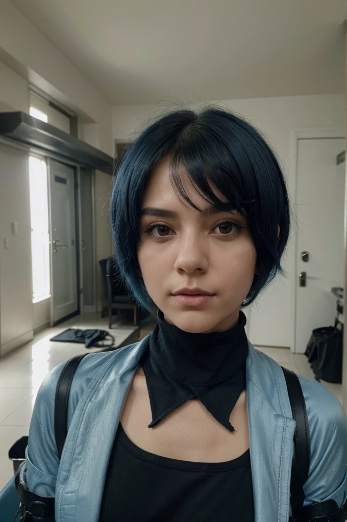 there is a woman with a shirt, short blue hair, isabela moner, short blue fur, short blue fur, with blue fur, color blue, short blue fured woman, pretty girl with blue fur, with short hair, blue furstyle, blue sweater, White skin, clear skin, blue toned hair, blue furs, blue fur, She has a pretty face, girl of 20, mexican traits, boy hair, black hair, Frizzy hair, mexican, blue tips, bob cut, bob hairstyle, selfie, midbody, torso only, no legs, no legs, autophoto, only face, aesthetic, short hair, Zoom, Zoom facial, short hair, blue hair, auto autophoto, Looking up, camera from above, Angle up, low angle arm, blue hair, autophoto, tousled hair, Zoom face, Zoom al rostro, face close, near the camera, no torso, only face, selfie, selfie pose, selfie pose, photo for icon, profile picture, photo for instagram, chubby girl, Zoom, facial Zoom, close up, she holds the pov, Zoom body, Zoom al cuerpo, holding the camera, but about, foto tomada close up, big breasts, big , natural light, illuminated, fluffy hair, looking straight ahead, close to the camera, in her room, mirror selfie, mirror photo, no phone, black clothes, Military suit, military clothing, militar clothes, black outfit, captain hat, officer clothing, police clothes, police cosplay, black cosplay, black clothes, black outfit, black sweater, leather, ropa de leather, leather negro, there is a woman with a shirt, short blue hair, isabela moner, short blue fur, short blue fur, with blue fur, color blue, short blue fured woman, pretty girl with blue fur, with short hair, blue furstyle, blue sweater, White skin, clear skin, blue toned hair, blue furs, blue fur, She has a pretty face, girl of 20, mexican traits, boy hair, black hair, Frizzy hair, mexican, blue tips, bob cut, bob hairstyle, selfie, midbody, torso only, no legs, no legs, autophoto, only face, aesthetic, short hair, Zoom, 