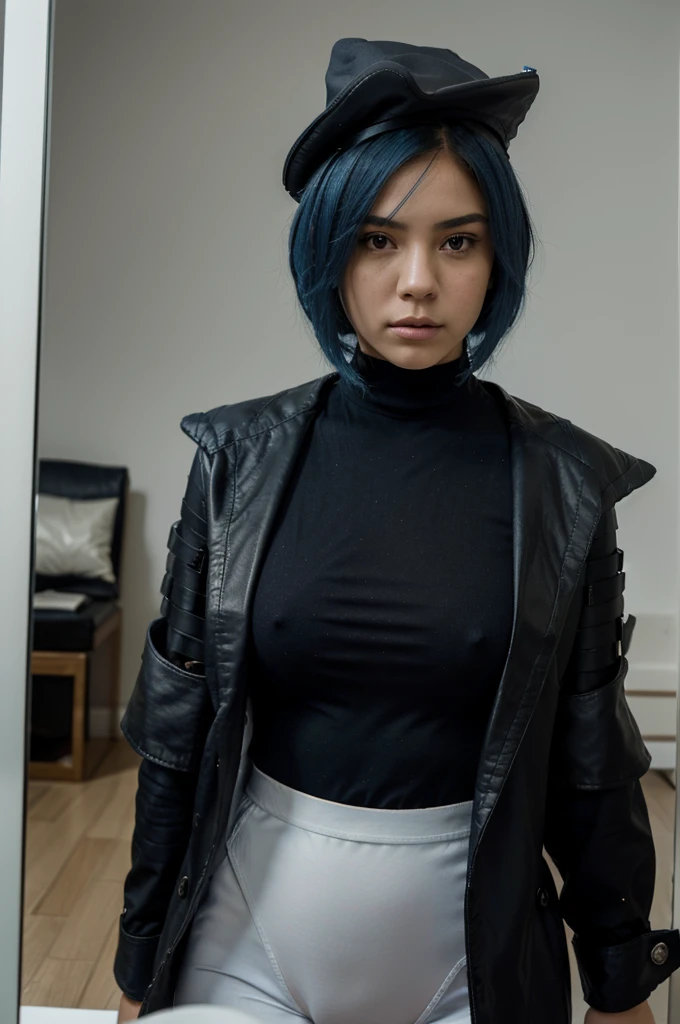 there is a woman with a shirt, short blue hair, isabela moner, short blue fur, short blue fur, with blue fur, color blue, short blue fured woman, pretty girl with blue fur, with short hair, blue furstyle, blue sweater, White skin, clear skin, blue toned hair, blue furs, blue fur, She has a pretty face, girl of 20, mexican traits, boy hair, black hair, Frizzy hair, mexican, blue tips, bob cut, bob hairstyle, selfie, midbody, torso only, no legs, no legs, autophoto, only face, aesthetic, short hair, Zoom, Zoom facial, short hair, blue hair, auto autophoto, Looking up, camera from above, Angle up, low angle arm, blue hair, autophoto, tousled hair, Zoom face, Zoom al rostro, face close, near the camera, no torso, only face, selfie, selfie pose, selfie pose, photo for icon, profile picture, photo for instagram, chubby girl, Zoom, facial Zoom, close up, she holds the pov, Zoom body, Zoom al cuerpo, holding the camera, but about, foto tomada close up, big breasts, big boobs, natural light, illuminated, fluffy hair, looking straight ahead, close to the camera, in her room, mirror selfie, mirror photo, no phone, black clothes, Military suit, military clothing, militar clothes, black outfit, captain hat, officer clothing, police clothes, police cosplay, black cosplay, black clothes, black outfit, black sweater, leather, ropa de leather, leather negro,