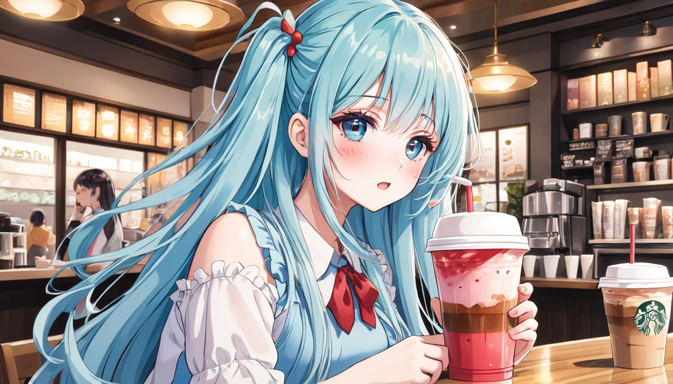 Anime Girls drinking starbucks coffee with a straw in her hand, A lively Starbucks interior、Light blue long hair、ツインテールのAnime Girls、笑顔が cute Anime Girls, Beautiful anime school girl, (Anime Girls), Cute girl anime visuals, Mysterious Coffee Shop Girl, young Anime Girls, Beautiful anime art style, Anime illustration, beautiful Anime Girls, Drink strawberry iced latte