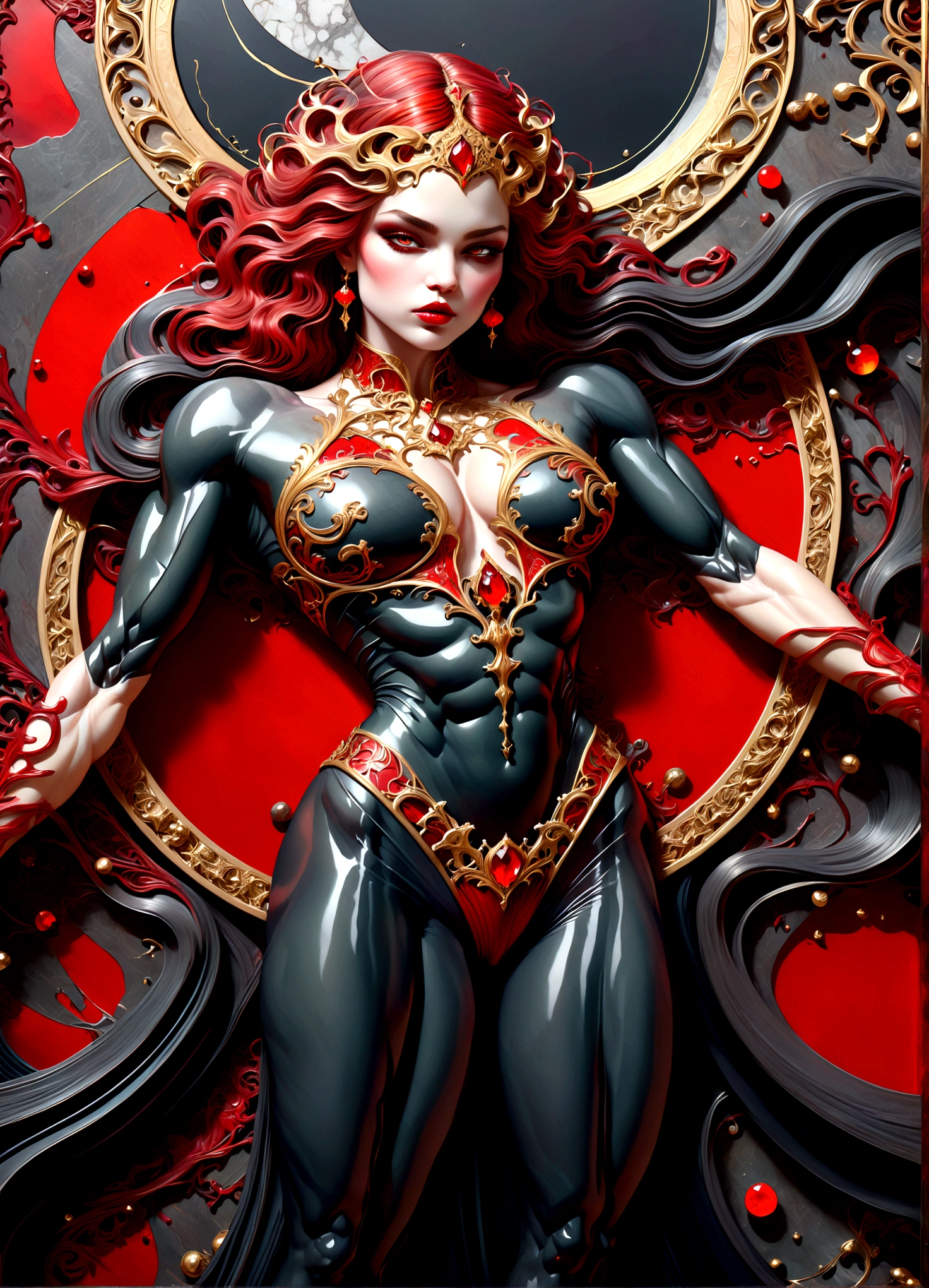  beautiful illustration of a very muscular vampire girl in an abstract marble texture with a tarot style frame, with colors of obsidian black, shiny gold, and ruby red, highly detailed, intricate design, BY Anne Bachelier,
