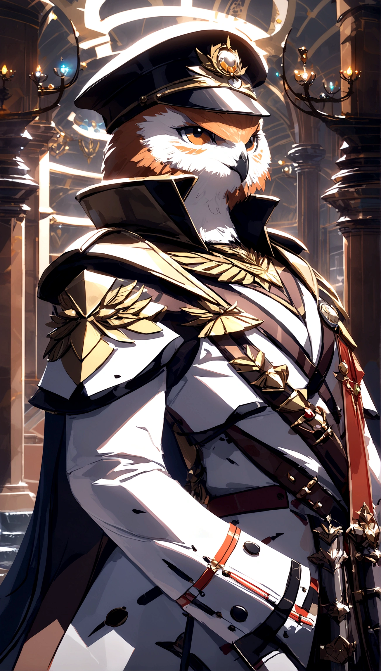 A masculine, towering and heavily toned yet ever so strikingly beautiful and graceful masculine (avian (barn owl+) furry+) soldier wearing an armor plated trench coat, from the waist up portrait, extreme detail, exceptional masterpiece, exquisite design, geometric artdeco, brilliant bright gold eyes, elegant military officer cap, soft feminine yet angular face, flat masculine chest, intricate and complex, masterfully crafted, graceful, elegant scifi, Gothic advanced scifi art, depth of field, ray tracing, reflection light, bloom, UHD, accurate, super detail, high quality, award winning, highres, HD, 8k