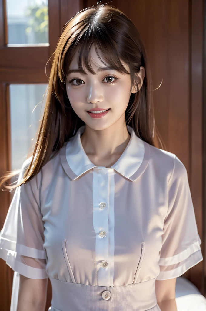 whole body, Iris, woman1名, (woman)), alone, Genuine, Highest quality, photoGenuineistic, masterpiece, 8K, High Definition, alone, HDTV Face, Soft lighting, Bedroom, ((Daytime)), null, (looking at the camera), whole body, (Medium Hair), ponytail, Brown Hair, Floating Hair, lips, lipstick, seductive smile, Floating Hair, smile, Open your mouth, teeth, eyelash, Nogizaka46, Moeka Tada, Idol, beautiful girl, ((uniform)), (((Are standing))