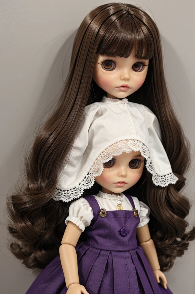blythe doll white skin, shoulder length brown hair, no bangs, dark brown eyes, purple outfit