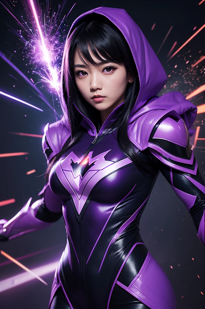 (fotorrealism:1.2)
Create an image of a female Power Ranger character named "Violet Fox," who is a seductive and evil warrior. She has a perfect curvy body, exuding a powerful and seductive presence. The character wears a Power Ranger costume with a predominantly purple color scheme., remembering the powerful design of the shapeshifter suit. Your costume should feature intricate details and fabric textures similar to the classic Power Ranger costume..
The character is surrounded by a radiant purple aura that emphasizes her wicked power and seductive nature.. The aura must be mystical and captivating, increasing your villainous charm. The backdrop should be dynamic and energetic, reflecting the character's intense and enigmatic personality.
Focus on capturing the contrast between her alluring beauty and her darkness, evil nature in the image. Make sure every detail, from the design of the costume to the expression on his face, conveys the essence of Violet Fox as a formidable and captivating antagonist.
Her hair is black and attractive.
Ela derrotou os Power Rangers.
((Make the accurate Power Ranger costume.))