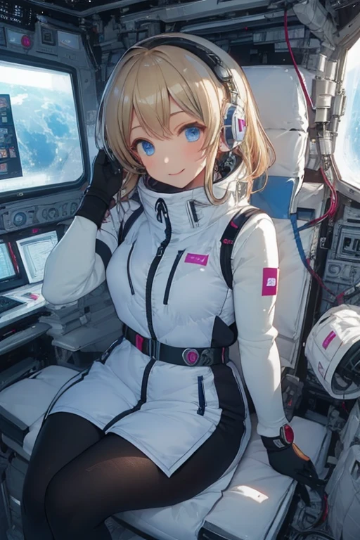 masterpiece, highest quality, high resolution, breasts, 20yo,1 girl,(solo):2,,blonde hair,(inside space station):2,flying:2,floatong:2,zero gravity,wind:1.5,anime lovelive style,
BREAK
headphone,(futurstic tight-fit bodysuit):2,(shiny silver long downvest):100,(northface silver metallic puffy downvest):2,(puffy):2,(black sleeves):5,(black tights):2,(black belt),futuristic boots and gloves,(smartwatch):100,astrovest
BREAK
1 girls, sitting in spacecraft cabin with 4-point seat belt, securely fastened, space station interior, looking out of large windows at Earth below, beautiful eyes, she have aluminum foil pouch,(aluminum foil pouch with plastic viewing window):2, contains nutritious liquid or puree together, smiling and chatting, bright and cheerful expressions, high quality cinematic lighting, detailed textures, sharp focus,blue hair,blue eyes,